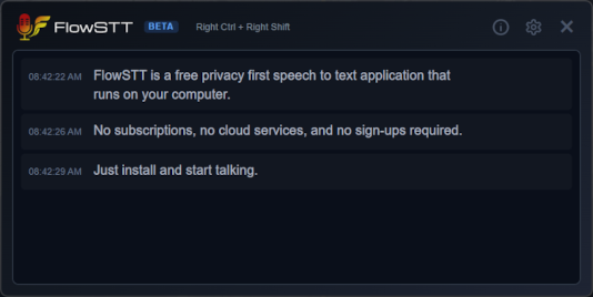 FlowSTT main window showing transcription history